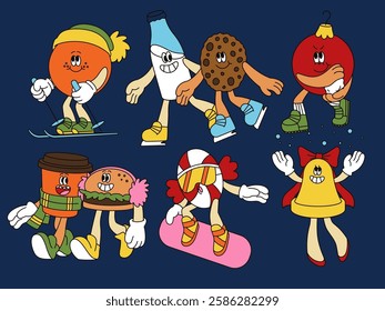 Groovy mascot. Winter 80s cartoon icon. Retro stamp. Doodle comic character drawing in shoes. Funny funky 70s disco activity. Walking burger. Xmas ball. Candy on skateboard. Color stickers vector set