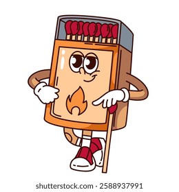 Groovy matches box cartoon character standing in confident pose. Funny retro matchbox with fire on label, matchstick. Matches for camping mascot, cartoon sticker of 70s 80s style vector illustration