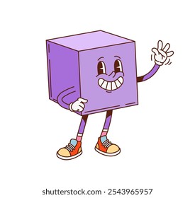 Caractere de figura geométrica de cubo matemático Groovy. Crianças pré-escolares educação básica forma alegre mascote. Escola matemática figura geométrica engraçado groovy vetor personagem, cubo engraçado desenho animado personagem isolado