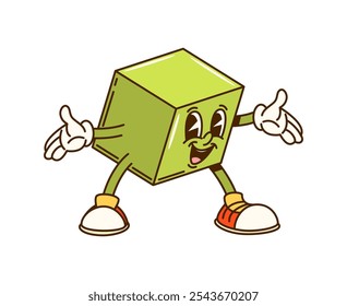 Groovy math geometric cube figure character. Isolated cartoon vector cheerful cubic with a bright green color, joyful expression outstretched arms, exudes fun and energy ready for children education