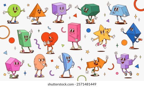 Groovy math geometric shape figure characters. Cartoon vector circle, triangle, cube, hexagon and square, rectangle, heart and oval, crescent, arrow, cross, star or rhombus, lively quirky personages