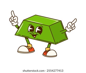 Groovy math geometric trapezoid figure character. Isolated cartoon vector funky shape with big eyes, wide smile and green color exuding joyful energy ready for playful educational school adventures