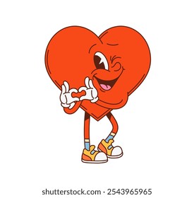 Groovy math heart geometric figure character. Saint Valentine holiday comical isolated mascot, winking human heart cute cartoon vector personage, love and romance symbol isolated groovy character