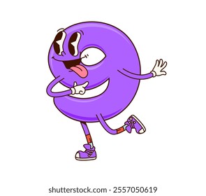 Groovy math number 9 Nine cartoon character with funny face, vector funky numeral. Groovy number 9 or Nine numeral with silly smile and freaky tongue out for kids mathematics or font cartoon character