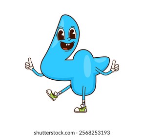 Groovy math number Four character with funny face and happy smile, vector retro cartoon. Groovy number 4 Four numeral with silly funky face and thumb up gesture for mathematics retro cartoon character