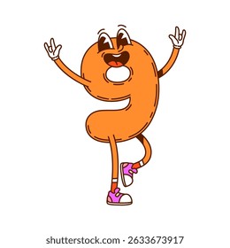 Groovy math number nine cartoon character. Vector funky 9 personage. Digit for children education or playful learning with big eyes and smiling expression, featuring bold lines and bright orange color