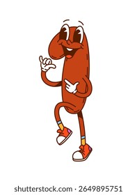 Caractere de número um matemático Groovy. Cartoon bonito engraçado dígito 1 em tênis retro. Vetor isolado matemática numeral brincalhona personagem exala positividade com sinal de mão shaka e vibrações peculiares cativantes