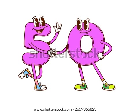 Groovy math numbers, cartoon characters with funny faces, vector mathematics emoji. Groovy number 5 Five and 0 Zero or 50 Fifty numerals, happy smiling and shaking hands for anniversary birthday