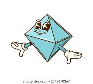 Caractere de figura geométrica de octaedro matemático Groovy. Isolado vetor de desenhos animados dipirâmide triangular brincalhão com cor azul, expressão de rosto alegre e vibe hippie. Personagem retrô para educação infantil