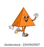 Groovy math pyramid geometric figure character. Elementary school math pyramid retro funny personage, geometric shape cute isolated vector character. Kids education basic figure cheerful groovy mascot