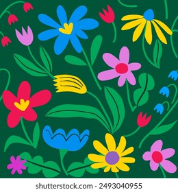 Groovy meadow flowers seamless pattern. Colorful summer floral background. Abstract vintage retro 60s and 70s aesthetic illustration. Green, red, yellow, blue color pallet.