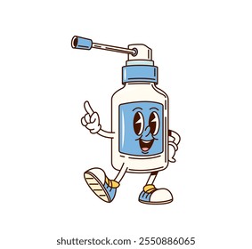 Carácter de aerosol nasal médico Groovy con expresión juguetona que lleva zapatillas de deporte, irradiando energía y alegría. Botella de pulverizador de medicina de Vector de dibujos animados aislada Personaje retro que transmite salud y vibración funky