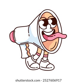 Groovy megaphone cartoon character with tongue hanging out. Funny retro loudspeaker with funky face. Announcement of game, quiz mascot, cartoon megaphone sticker of 70s 80s style vector illustration