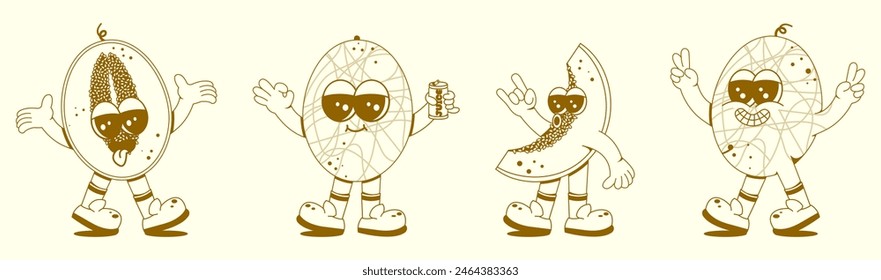 Groovy melon set. Funny vintage character in trendy retro linear style. Doodle Comic collection.