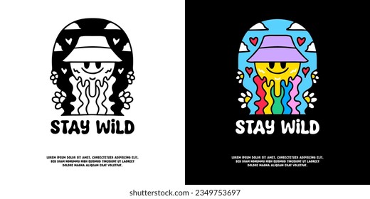 Groovy melted smile emoticon with stay wild typography, illustration for logo, t-shirt, sticker, or apparel merchandise. With doodle, retro, groovy, and cartoon style.