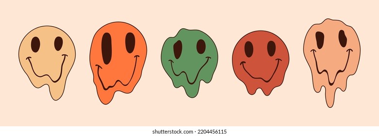 Groovy Melting Smiling Faces. Psychedelic Distorted Emoji Vector Illustration in 1970s Hippie Retro Style for Print on T-Shirts, Posters, Creating Logos and Patterns, Web Design and Social Media.