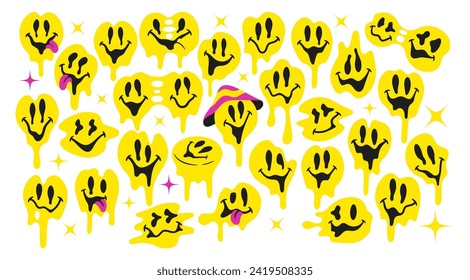 Groovy Melting Smiling Faces. Psychedelic Distorted Emojis. Trippy Acid Rave Style Quirky Cartoon Urban Graffiti In 70s