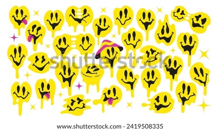 Groovy Melting Smiling Faces. Psychedelic Distorted Emojis. Trippy Acid Rave Style Quirky Cartoon Urban Graffiti In 70s