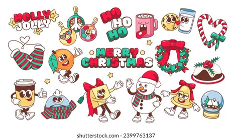 Groovy Merry Christmas and Happy New Year cartoon stickers set. Funny retro Snowmen and Christmas wreath, gifts, retro mascots of 70s 80s vector 