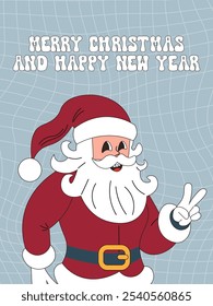 Groovy Merry Christmas and Happy New year. Santa Claus, holly jolly vibes. Greeting cards, template, posters, print.