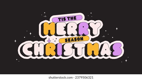 Groovy Merry Christmas poster. Yellow and purple halftone letters.