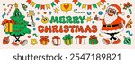 Groovy merry christmas stickers with Santa Claus, Christmas tree, gift, and other design elements in retro vintage cartoon style.