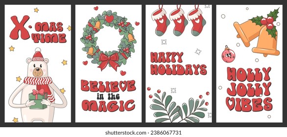 Groovy Merry Christmas stories social media temlate with funky retro cartoon elements and charactres. Trendy vector illustration for postcards or posters.	