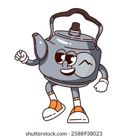 Groovy metal kettle cartoon character walking. Funny retro teapot for boiling water for hot tea and coffee. Camping, cooking mascot, cartoon rustic kettle sticker of 70s 80s style vector illustration