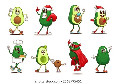 Groovy mexican avocado characters, retro hippie fruit food vector personages of funny Santa Claus, superhero and chef. Cartoon groovy avocados with baby seed, Santa red hat and bag, hero cape, mask