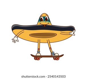 Groovy sombrero sombrero mexicano personaje en skate. Cultura hispana mariachi músico traje headwear aislado Vector de dibujos animados mascota. México sombrero tradicional sombrero feliz groovy carácter montando el patín