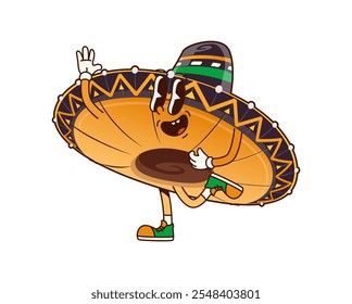 Groovy mexicano sombrero chapéu feliz personagem. México charro cowboy largo sombrero chapéu engraçado 60s 70s personagem vetor isolado. Cultura hispânica, festival mexicano fantasia cabeceira personagem groovy