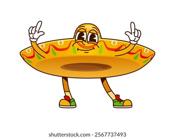 Groovy Mexican sombrero retro cartoon character with funny face, vector emoji. Groovy sombrero hat character with happy smile and hippie sign gesture for Mexican holiday fiesta in retro comic cartoon