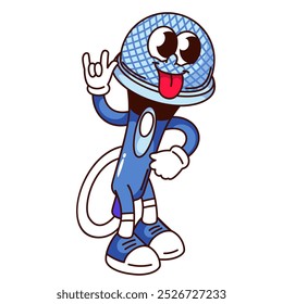 Groovy microphone cartoon character with tongue hanging out. Funny retro mike with cord showing rock band gesture. Music, podcast mascot, cartoon microphone sticker of 70s 80s vector illustration