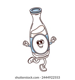 Groovy milk bottle cartoon character running with smile. Funny retro happy healthy drink with calcium, dairy mascot, cartoon glass container of farm milk sticker of 70s 80s style vector illustration