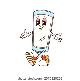 Groovy milk drink glass comical character. Healthy nutrition dairy product beverage cartoon isolated vector mascot, yogurt glass cute groovy personage. Fresh milk drink cheerful walking character