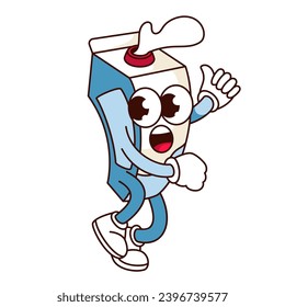 Groovy milk package character vector illustration. Cartoon isolated retro food sticker of frightened carton box running with surprise expression and splash of fresh milk, cardboard container mascot