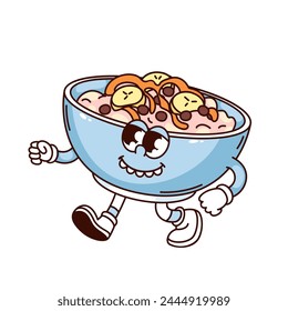 Groovy milk porridge bowl cartoon character walking with trippy smile. Funny retro porridge with banana slices and sweet sauce mascot, cartoon breakfast sticker of 70s 80s style vector illustration