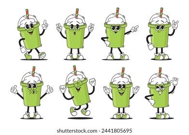 Groovy Milkshake, Frothy Coffee Or Smoothies Cup Whimsical Character Animation Set. Vector Vibrant, Disposable Mug