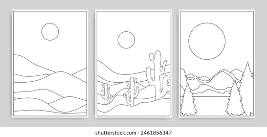 Groovy minimalist boho landscape coloring page or line art drawing with mountain and sun. Contemporary boho wall art design. Modern bohemian style adult coloring page for relaxation. Summer wallpaper.