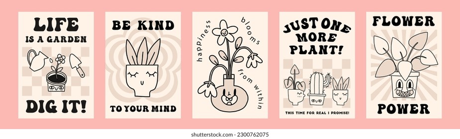 Groovy modern 70s floral poster set, beige monochrome color. Funny cartoon flowers, trendy retro animation style. Home print with plants, garden, urban jungle theme. Vector background, card collection