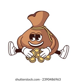 Groovy money bag character vector illustration. Cartoon isolated retro funny emoji of sack mascot sitting with bunch of money coins, rich happy pouch with trippy smile on cute face, arms and legs