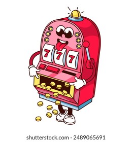 Groovy money falling out of casino slot machine cartoon character. Funny retro slot machine with tongue out and jackpot combination. Chance mascot, cartoon sticker of 70s 80s style vector illustration