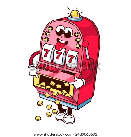 Groovy money falling out of casino slot machine cartoon character. Funny retro slot machine with tongue out and jackpot combination. Chance mascot, cartoon sticker of 70s 80s style vector illustration