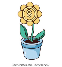 Groovy money plant vector illustration. Cartoon isolated tree with gold dollar coin and green leaf, cash money growing in pot, retro financial sticker of currency, rich fund and revenue growth