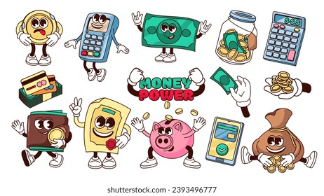 Groovy money set vector illustration. Cartoon isolated retro stickers of funny gold coins and dollar banknotes characters, comic piggy bank and bag, jar with currency to invest, pay or save money