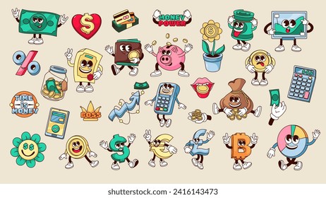 Groovy money set vector illustration. Cartoon isolated retro money mascot stickers collection with personages of coins and bank currency, comic dollar and bag, funny wallet and flower characters