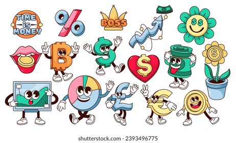 Groovy money stickers set vector illustration. Cartoon isolated funny retro collection of currency and gold coin personage, money tree and heart with dollar, comic pie chart character and arrow growth