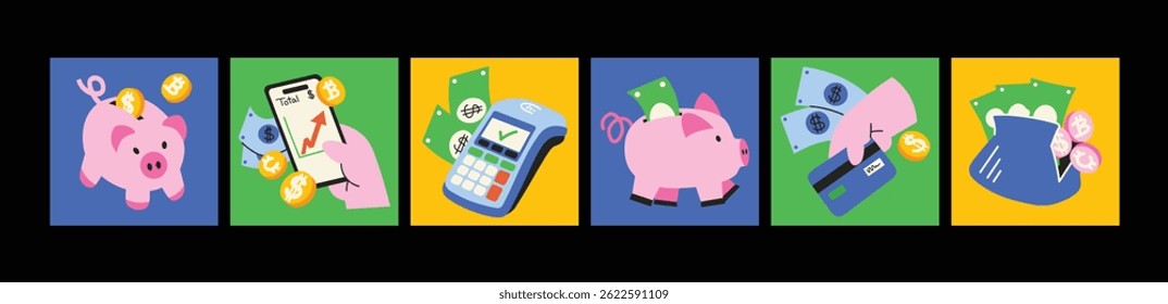 Groovy Money-Themed Retro Posters - Estilo Psicodélico dos anos 90 com ícones financeiros, sinais de dólar e gráficos coloridos