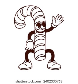 Groovy monochrome candy cane character vector illustration. Cartoon isolated retro Xmas sweet food sticker of happy sugar and peppermint stick with stripes and funny face, candy mascot waving