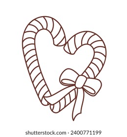 Groovy monochrome candy cane vector illustration. Cartoon isolated retro decoration with sweet candy peppermint sticks and ribbon, traditional Christmas gift of heart shape for happy Xmas celebration